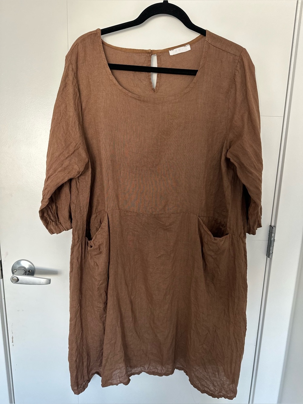 100% Linen Relaxed Pocket Tunic Dress - Brown